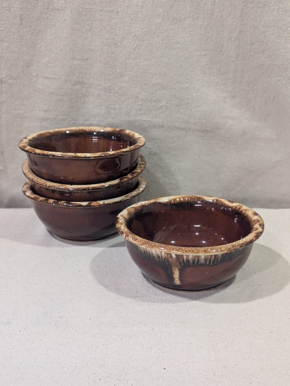 Hull Oven Proof Brown Drip 4.5" Soup Cereal Fruit Bowls - Set of 4 Made in USA
